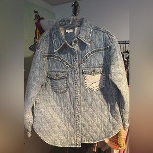 POL Studded Quilted Light Wash Denim Shirt - Blue with Gold Accents